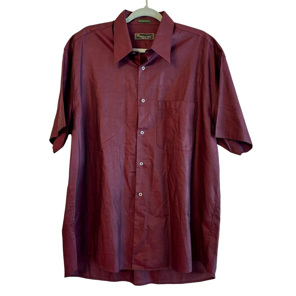 Principe Button Down Shirt Mens 17.5 Burgundy Short Sleeve‎ Cotton Made in Italy